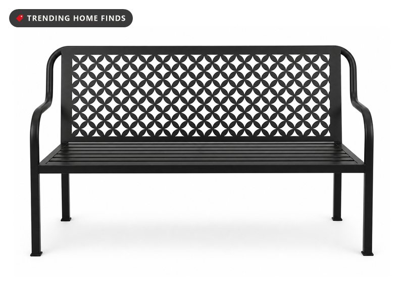 A black steel two seater garden bench with a lattice cut back panel, a slatted seat and curved tube armrests.