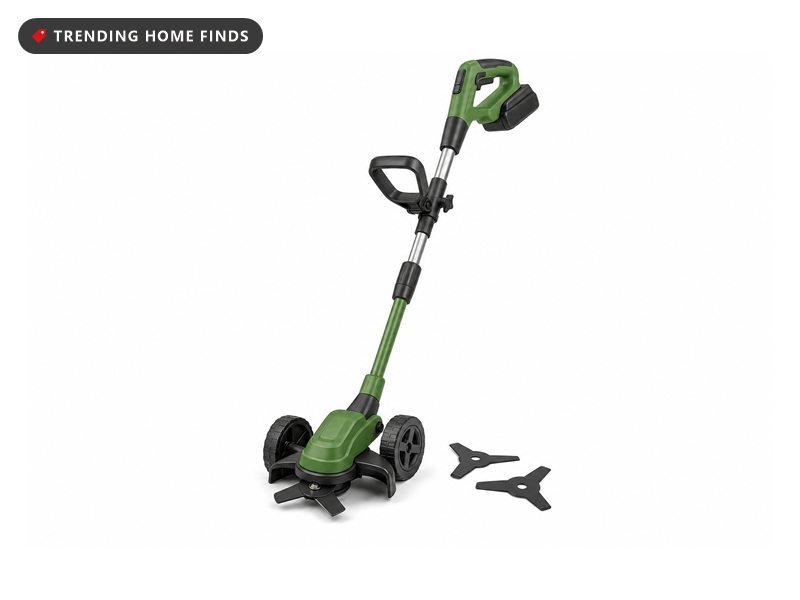 Cordless three-in-one lawn mower, trimmer and edger with spare blades, on a white background