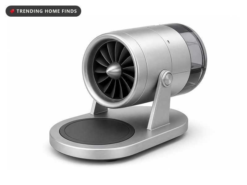 Desktop turbo fan shaped like a jet engine with a wireless charging pad, on a white background
