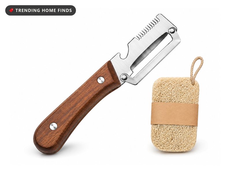 Vegetable peeler with a dark wood handle and stainless peeling and julienne blades, shown with a natural loofah scrubber pad