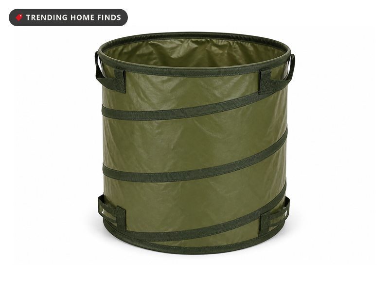 Olive green collapsible garden bag popped open into a tall cylinder, with dark green webbing bands and four sewn carry handles.