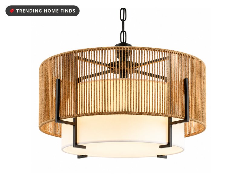 Woven rattan drum chandelier with a white fabric inner shade