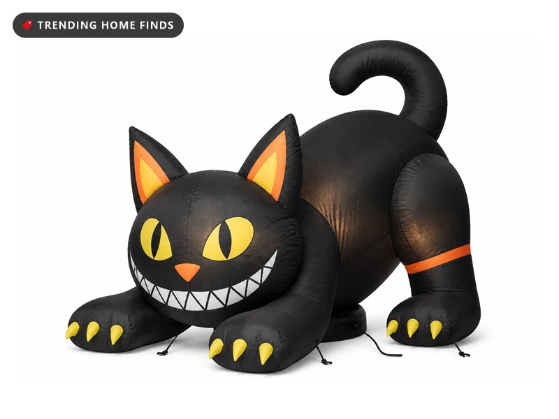 Six foot black inflatable cat crouching, lit from inside, with orange lined ears, yellow eyes and a wide grin of white teeth.