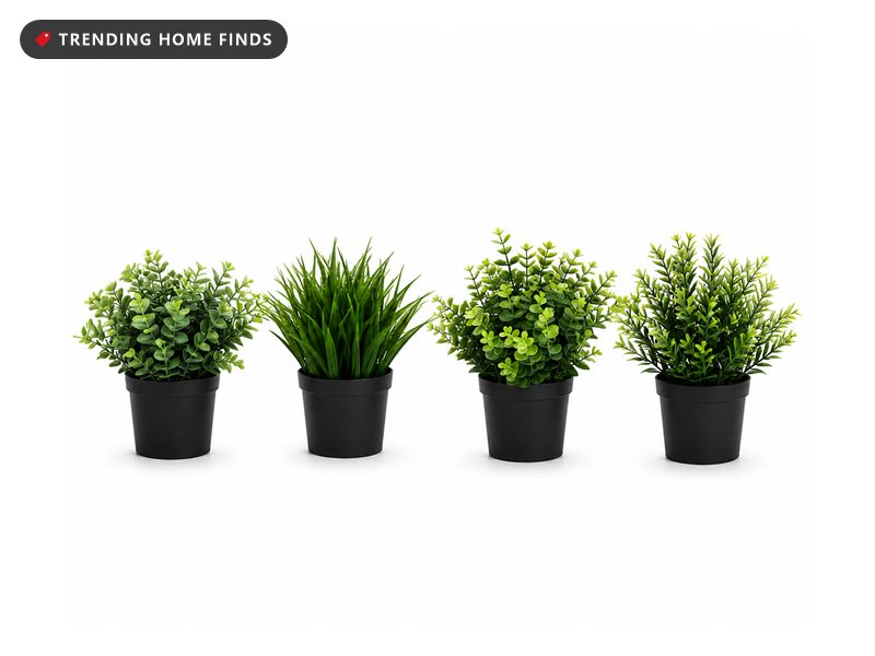 Small artificial plants in black pots