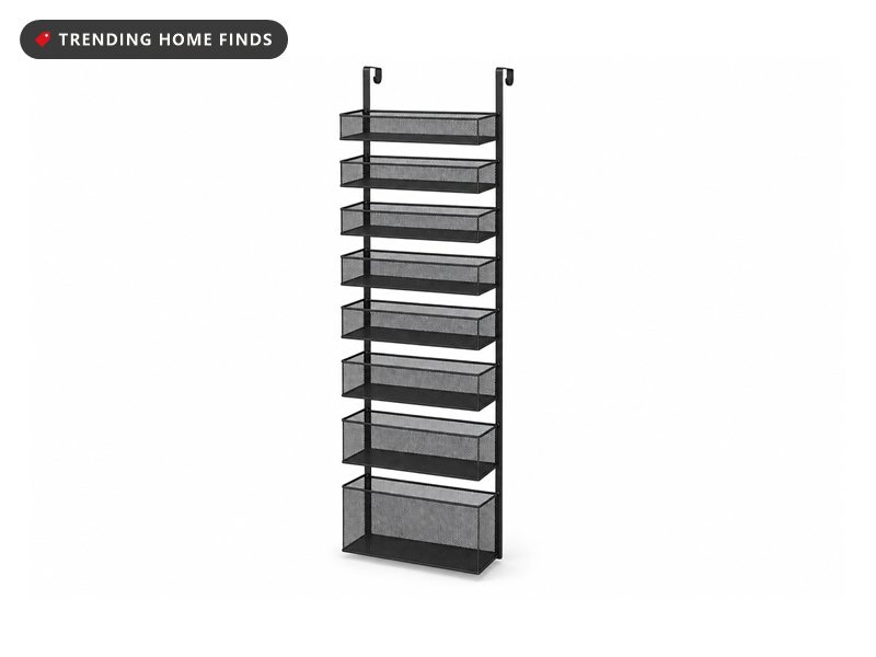 Black eight-tier over-the-door pantry organizer with mesh baskets, on a white background