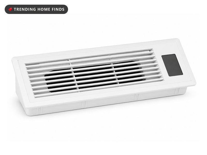 White rectangular register booster fan with narrow horizontal louvers and a small dark display panel set into one end.