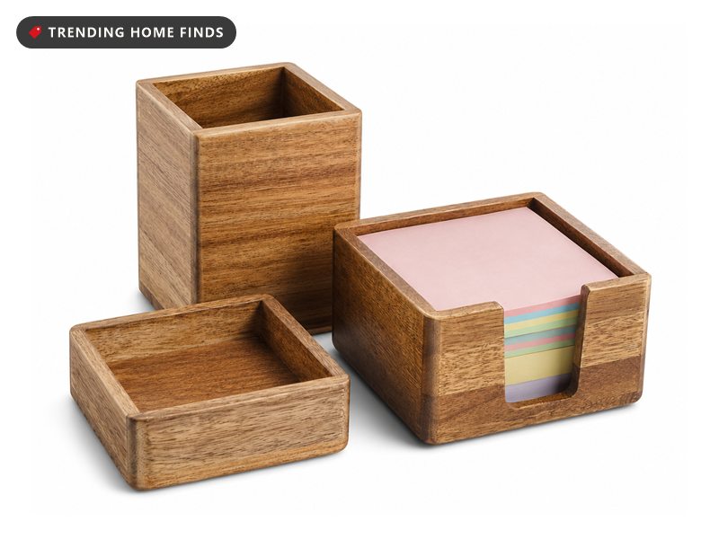 Three-piece acacia wood desk organizer set with a pen cup, sticky note tray and storage box