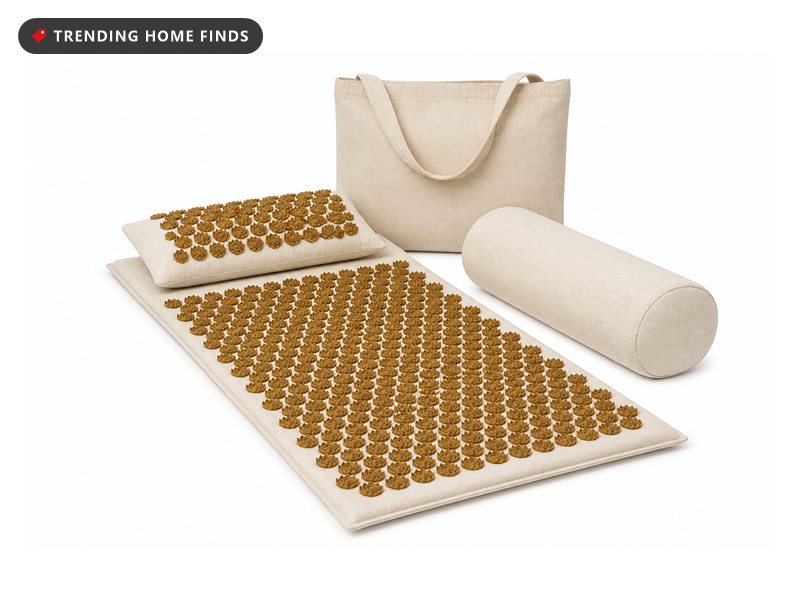 Beige acupressure mat with round pillow and canvas carry bag