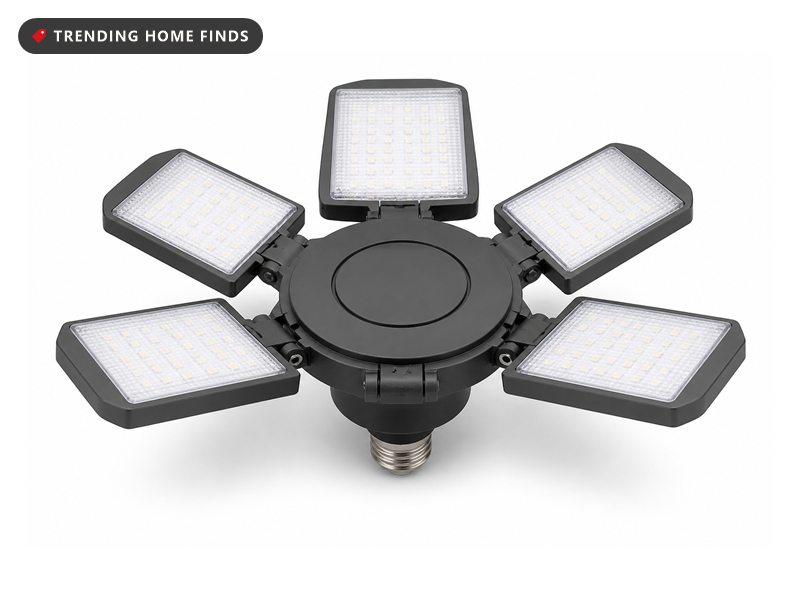 Dark grey garage light with six white LED panels fanned out around a screw-in socket base.