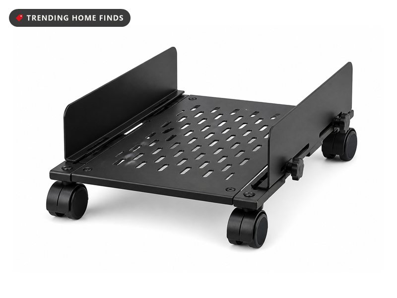 Black perforated PC tower stand on four caster wheels shown from two angles on a white background.