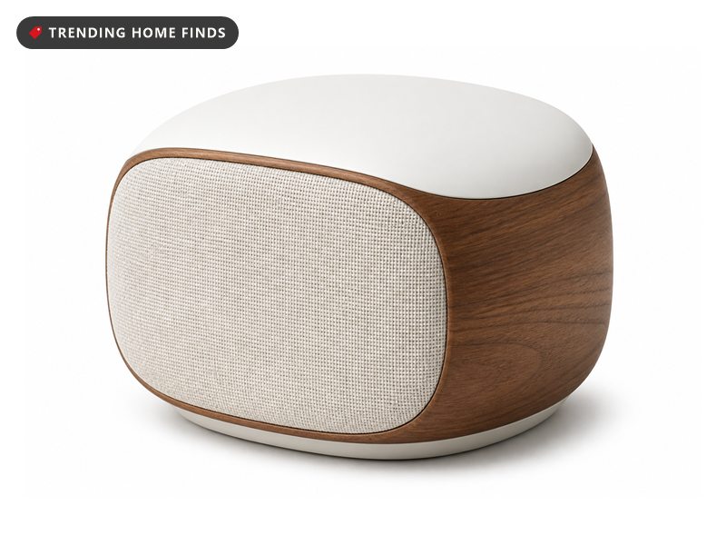 Small rounded white noise machine with a warm wood grain body and a woven fabric speaker face.