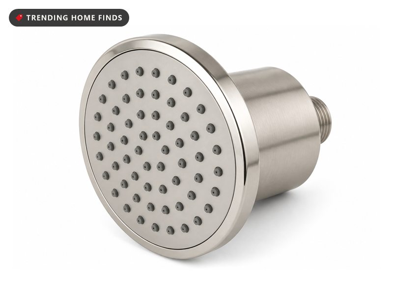 Brushed nickel rainfall shower head with its black Afina filtration box