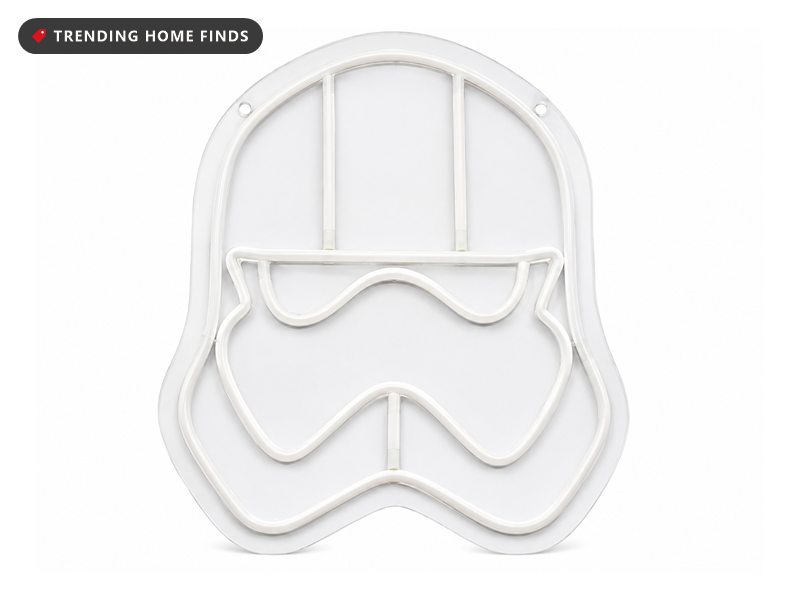 White LED neon sign shaped like a trooper helmet on a clear acrylic backing, unlit, with two hanging holes at the top