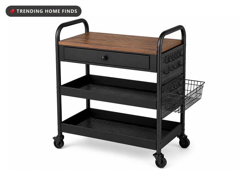 Black three tier rolling cart with a walnut wood top, a pegboard side panel with hooks, a drawer and mesh side baskets.
