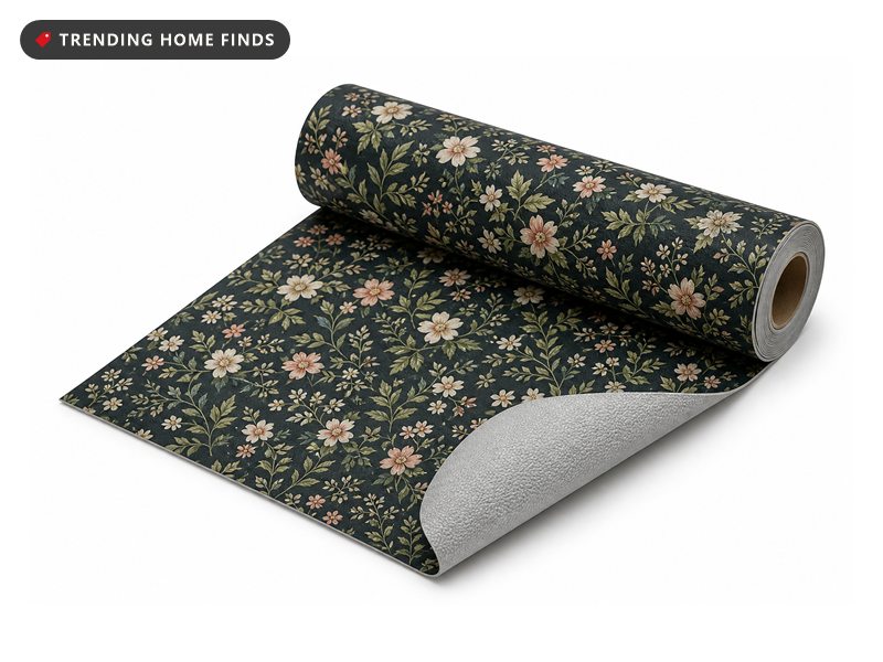 Roll of dark botanical floral drawer liner, part unrolled, with a pale textured non-slip backing visible.