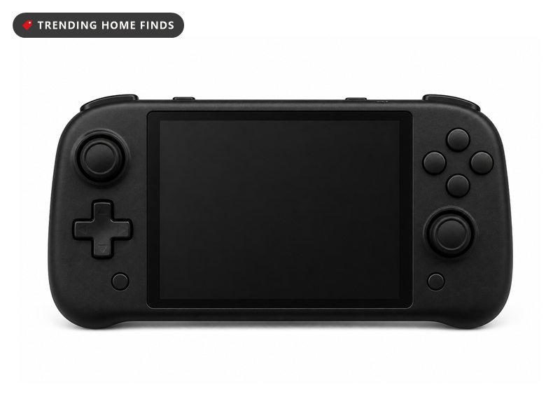 Small black handheld retro game console with twin sticks and a four inch screen, on a white background.