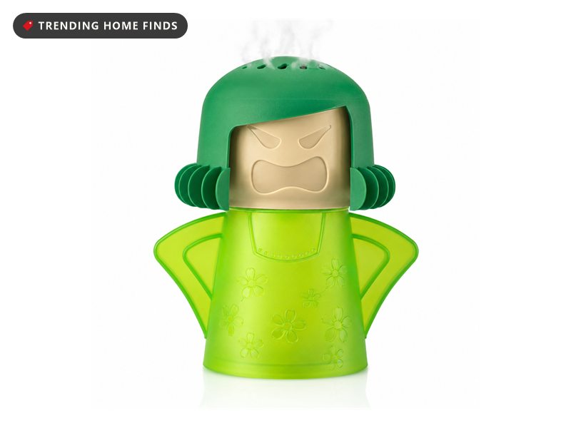 Green Angry Mama microwave steam cleaner shaped like a scowling figure with steam rising from its head