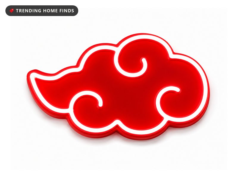 Red cloud shaped neon sign glowing bright red against a white background