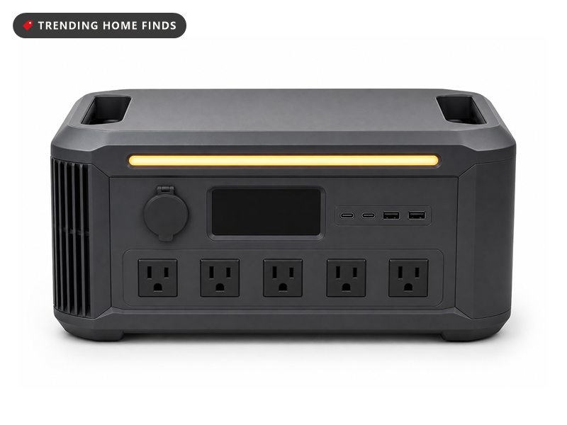 Anker SOLIX C1000 portable power station in dark grey with a lit display reading 100 percent, five AC outlets, four USB ports and a built-in light bar