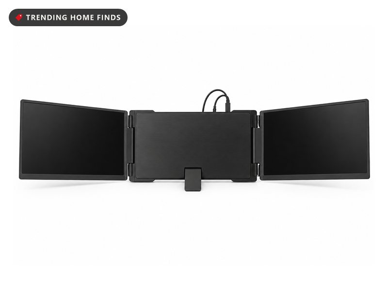AOC 14 inch screen extender shown creating a three-screen setup on both sides of a laptop