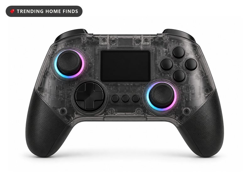Translucent smoke grey game controller with a small colour display set between two RGB-ringed thumbsticks.