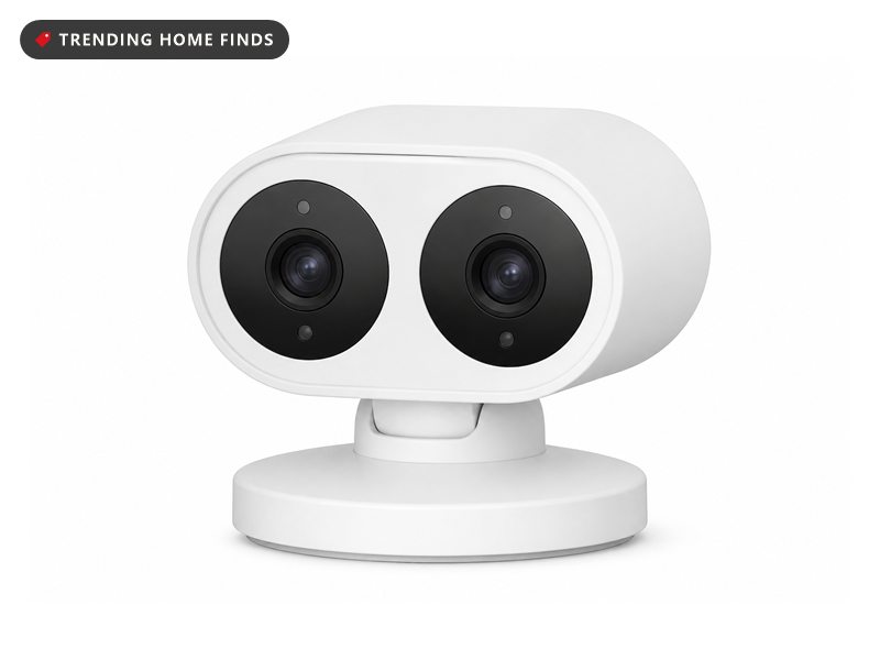 Compact dual lens Aqara smart security camera shelf styled beside a plant