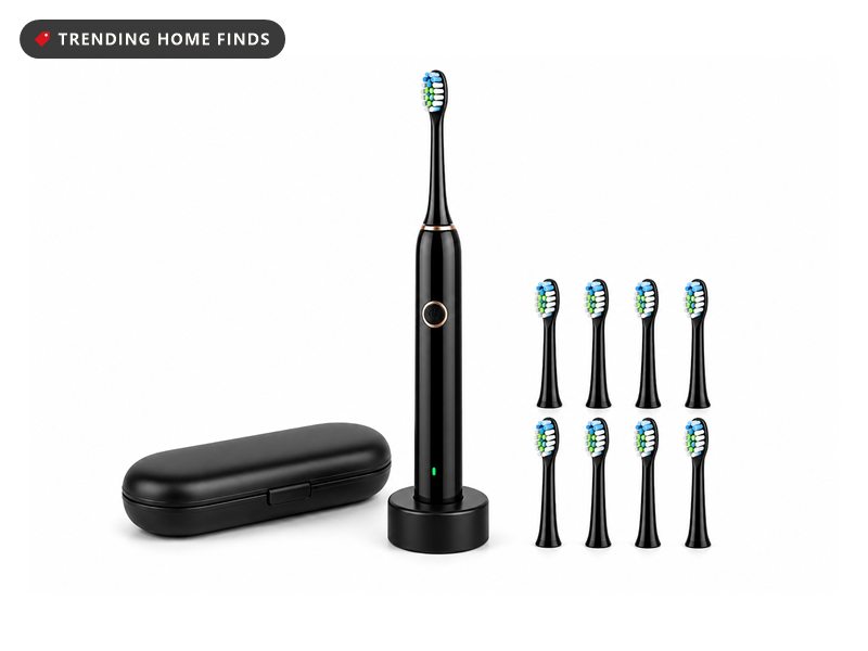 Black AquaSonic electric toothbrush with its charging base, travel case and eight replacement brush heads