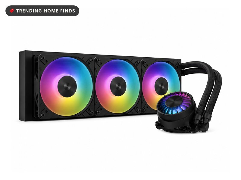 Black 360mm all in one liquid cooler with three rainbow lit fans on the radiator and a small turbine style fan glowing on the pump block