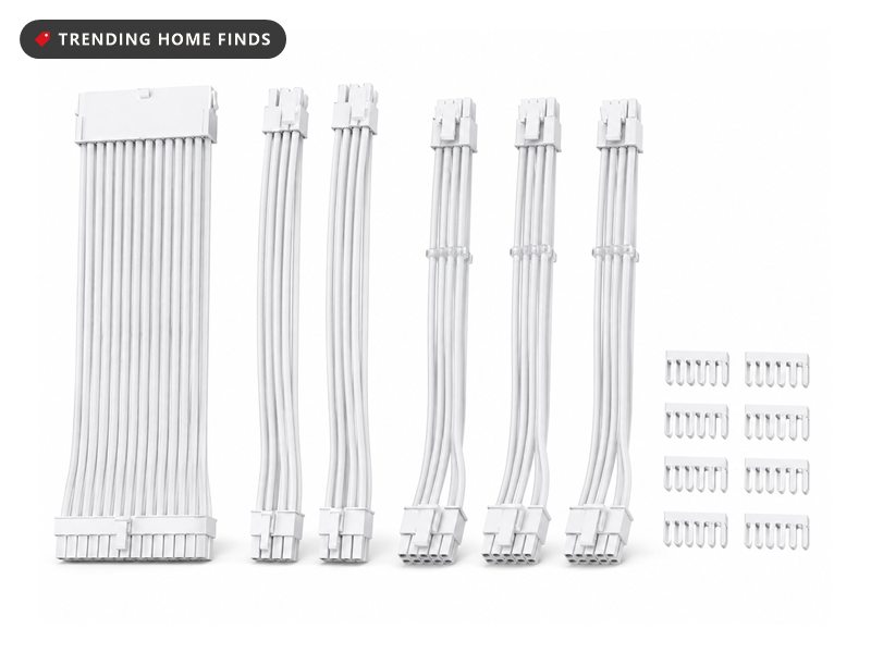 White individually sleeved PSU extension cables including a 24-pin and several 8-pin connectors laid out flat, with eight white cable combs beside them