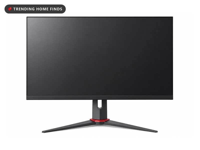Gaming monitor on an angular metal stand, its screen showing a purple and blue ROG logo graphic