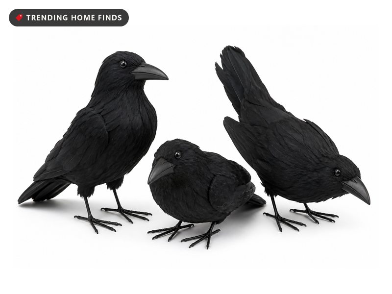 Three realistic black feathered crows with matte beaks and bendable wire feet, grouped in three poses.