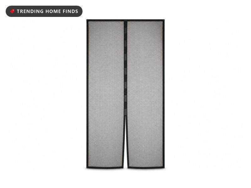 Black mesh magnetic screen door with two full height panels meeting at a magnetic centre seam, shown on a white background.