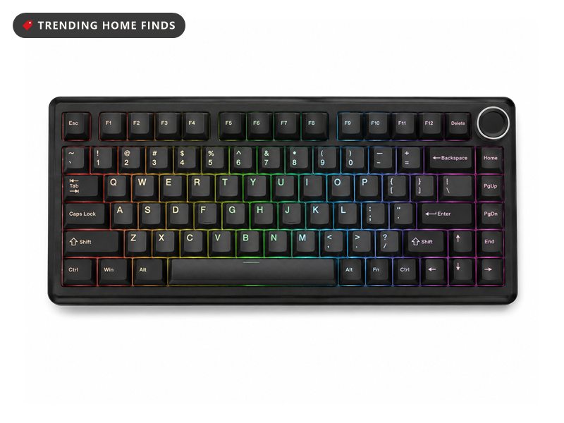 Black 75 percent mechanical keyboard with RGB backlighting and a control knob at the top right corner
