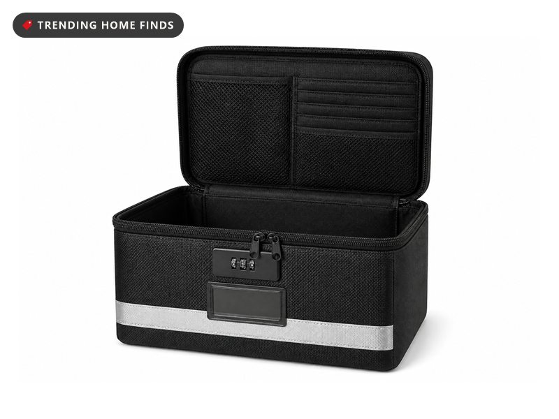 Black textured fireproof document box with a silver reflective band, a clear label window and a three dial combination lock.