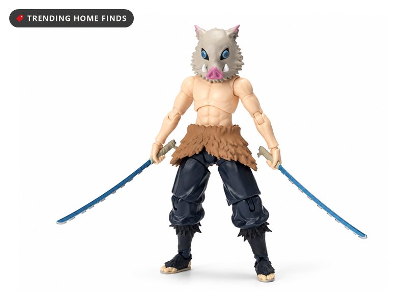 Ultimate Legends action figure of Inosuke from Demon Slayer wearing a gray boar head mask, holding two blue chipped blades