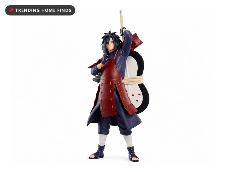 Banpresto figure of Madara Uchiha in dark blue robes and red battle armor with his gunbai war fan on his back, one gloved hand raised in a jutsu sign