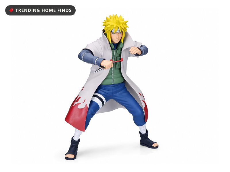Banpresto Grandista figure of Minato Namikaze in a white haori with red flame trim, crouched low holding a three pronged kunai