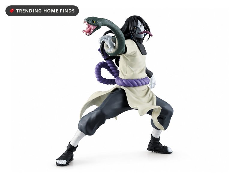 Banpresto figure of Orochimaru in a cream robe with a thick purple rope belt, tongue extended, a large green snake coiling over his shoulder
