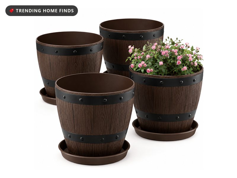 Four brown wood-look barrel planters with black metal bands and matching saucers, one holding a pink flowering rose bush