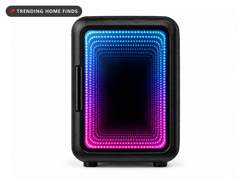 Black mini fridge whose door is an infinity mirror glowing in receding blue and pink LED frames