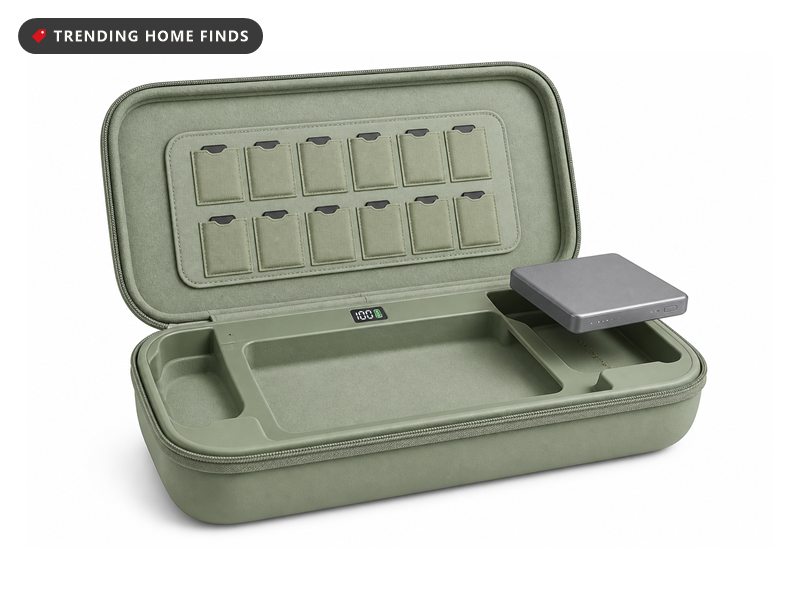 Hard-shell charging case for a handheld game console with game card slots, on a white background