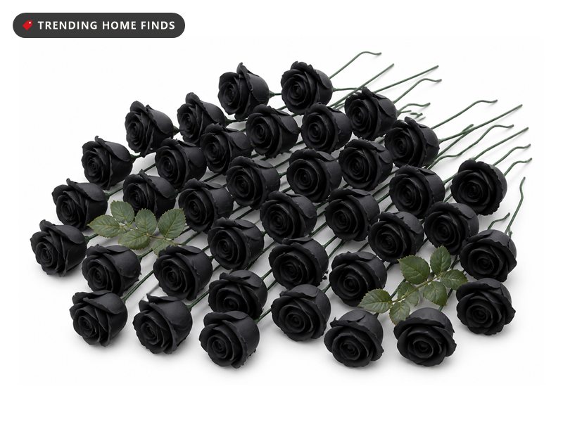 Thirty matte black foam rose heads on green wire stems grouped in an overlapping fan with two green leaf sprigs.