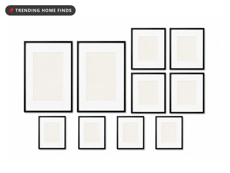 A group of ten black picture frames in three sizes.