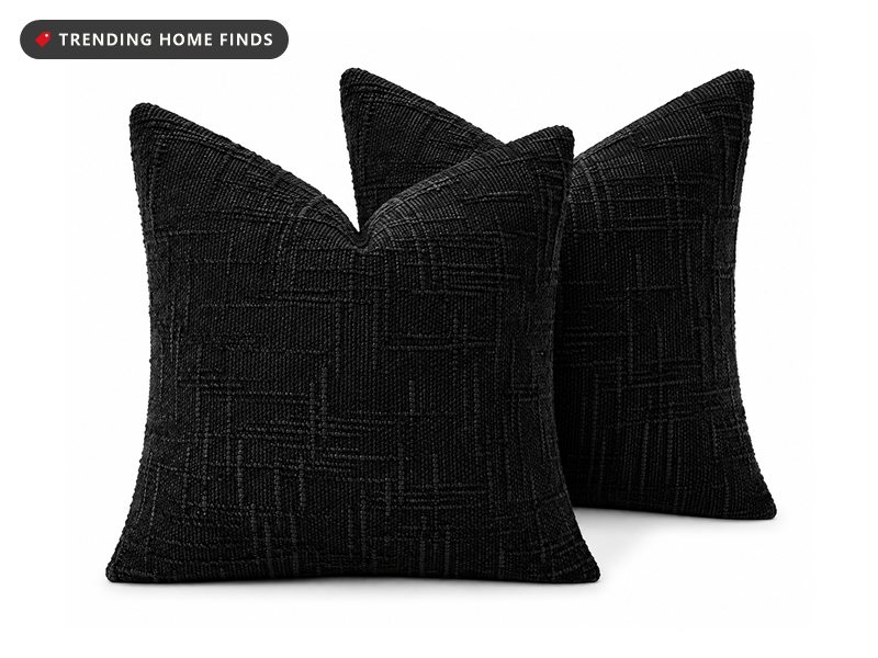 Two black textured chenille throw pillow covers