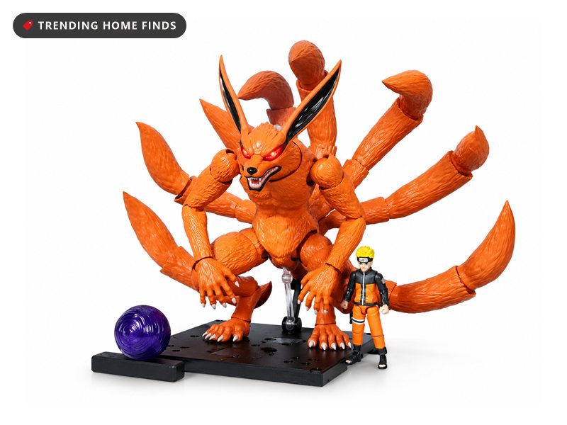 BLOKEES model kit of Kurama the nine tailed fox in orange with red eyes on a black display base, with a small Naruto figure and a purple tailed beast ball