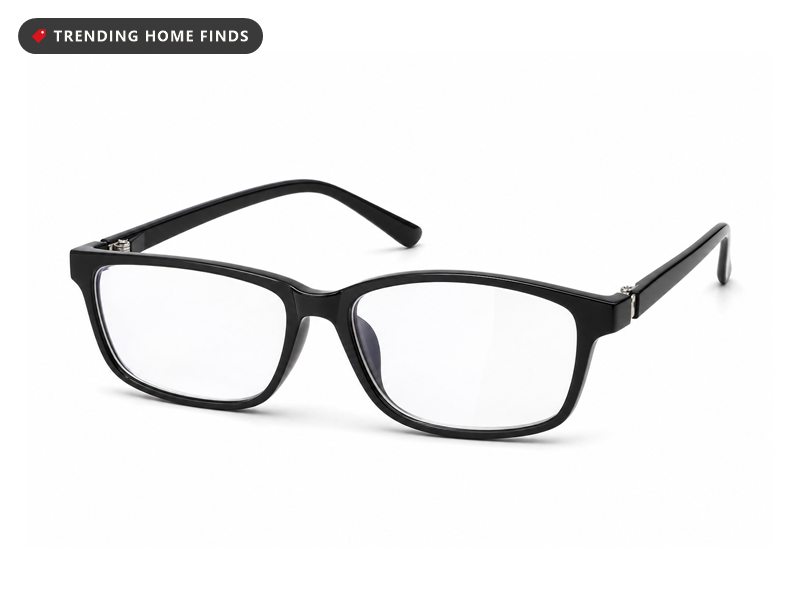 Clear-lens blue light blocking glasses with thin frames, on a white background