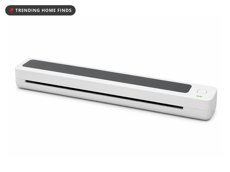 Slim white bar-shaped document scanner with a dark grey top strip and a round start button.