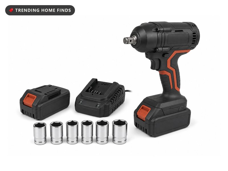 Brushless cordless impact wrench with battery, charger and socket set, on a white background