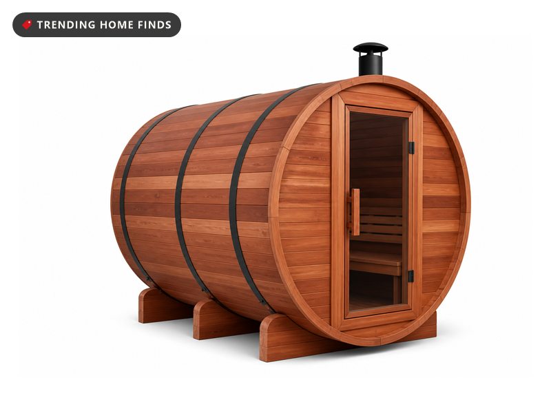 Red cedar barrel sauna on cradles with three dark steel hoops, a glass door and a short black chimney.