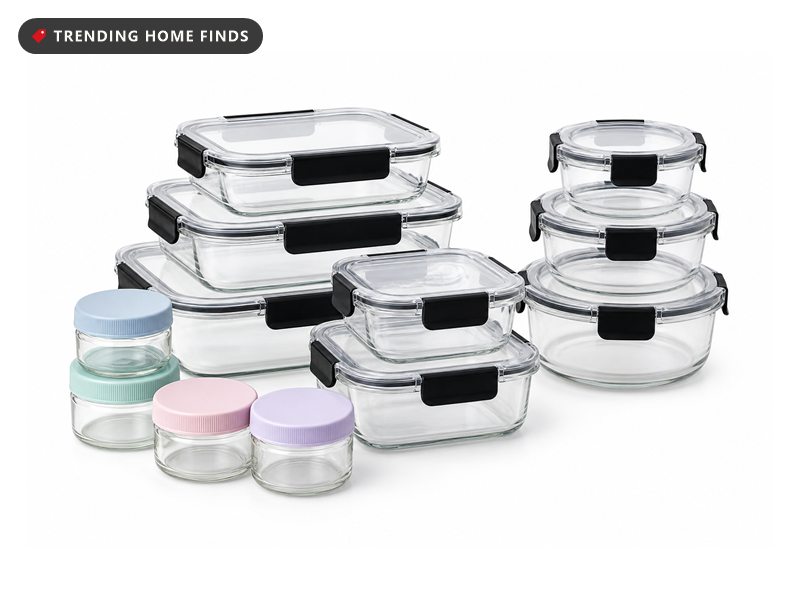 Clear glass food storage containers with clear lids and black four-sided flip latches, stacked in graded sizes.